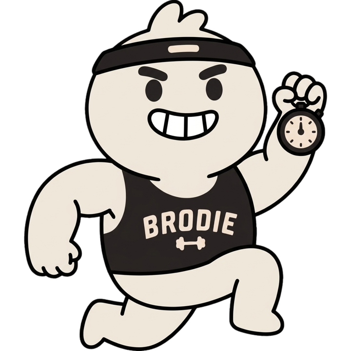 Brodie jogging in a sweatband, holding a stopwatch