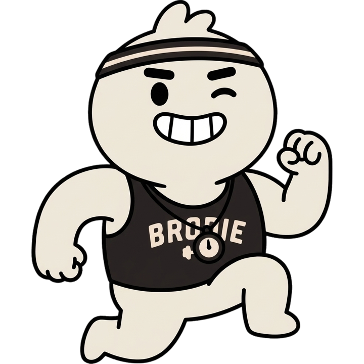 Brodie jogging with a stopwatch hanging over the BRODIE lettering