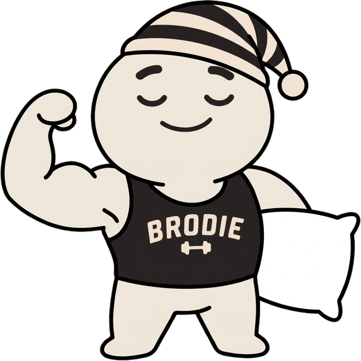 Brodie in a striped nightcap hugging a pillow, eyes closed